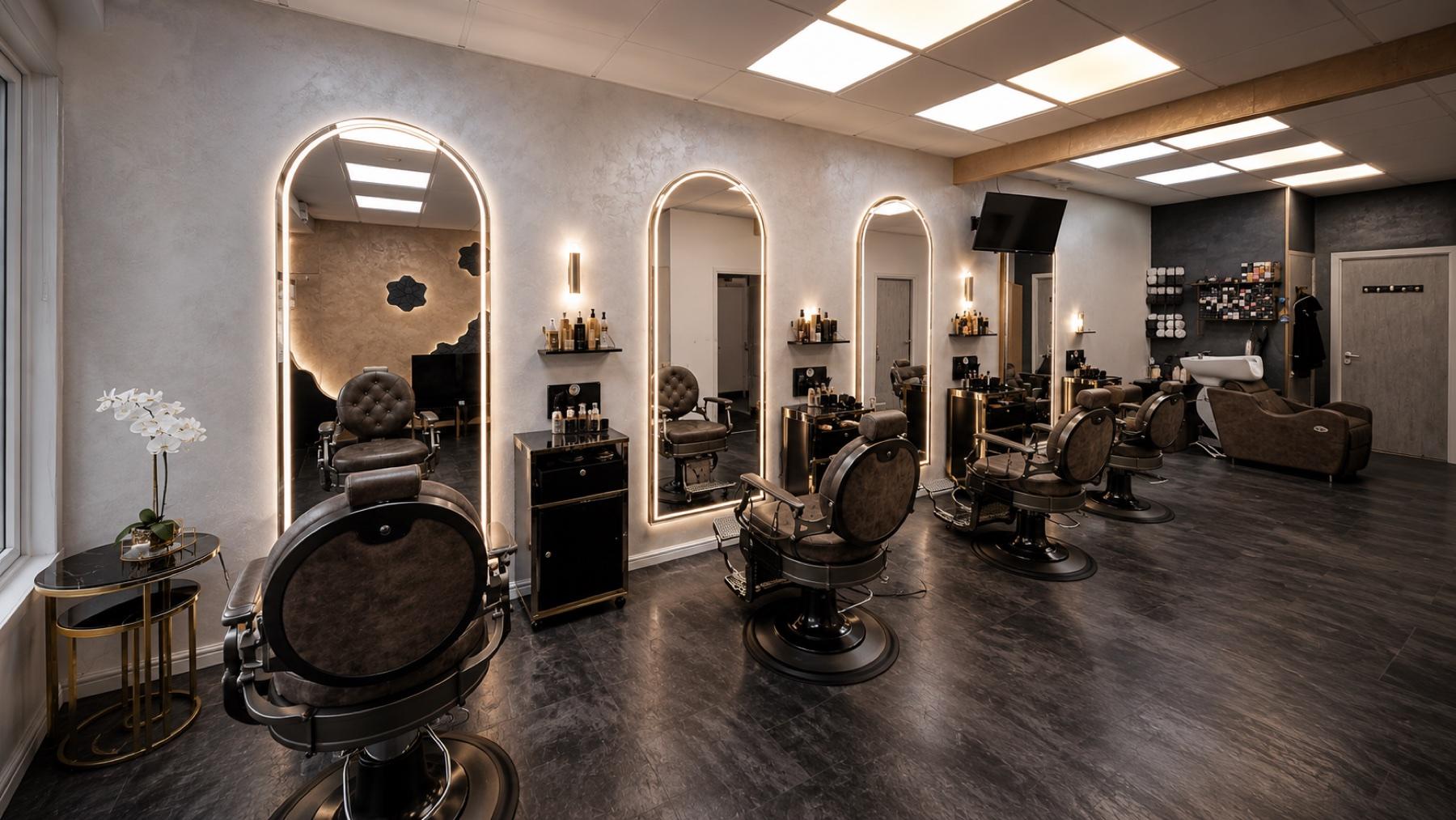 Inside Empire salon in Corby — arched backlit mirrors, vintage barber chairs and a dark marble floor