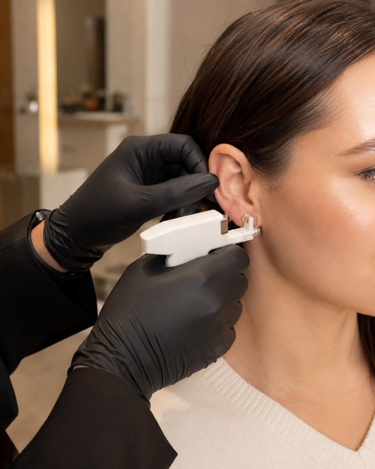 Professional Caflon ear piercing with a sterile stud at Empire salon in Corby