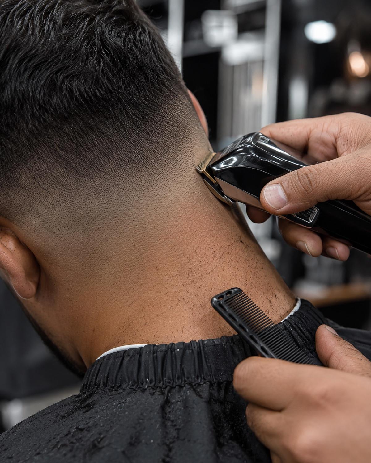 A sharp men's skin fade and neckline cleaned up with clippers at Empire barbers in Corby