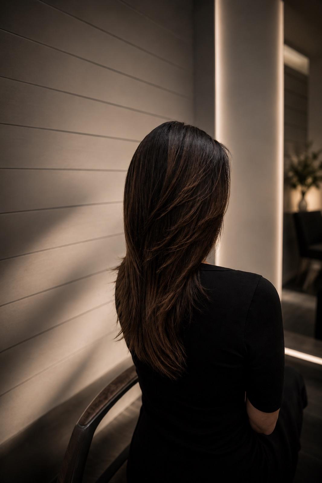 Long, glossy brunette hair, precision cut and styled at Empire salon in Corby